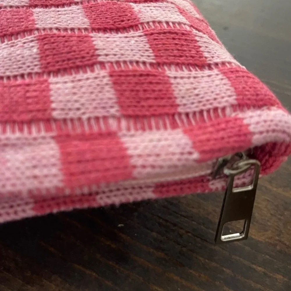 Set of two zippered cosmetic makeup bags matching pink checkered